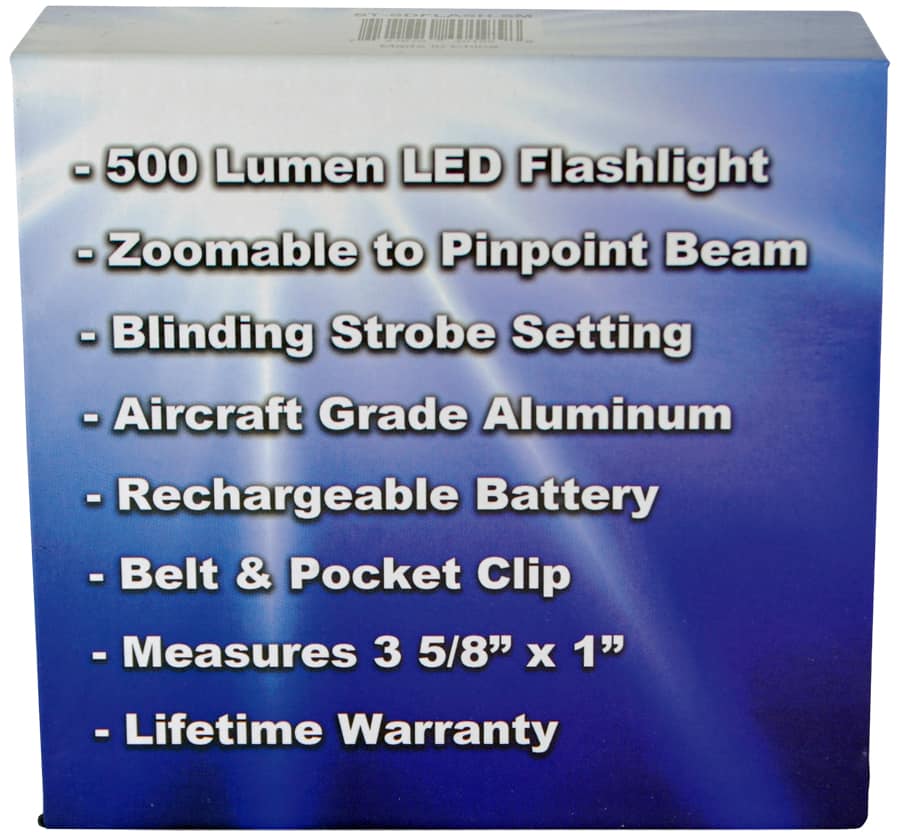 Rechargable Zoomable 500 Lunen LED Flashliht Retail Box | For Security Sake Rechargable Zoomable 500 Lunen LED Flashliht Retail Box